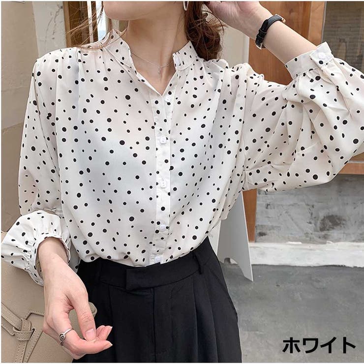 ホワイト | シャツ Vネック ドット柄ゆったり 体型カバー 着痩せカジュアル 美シルエット | And Kawaii
