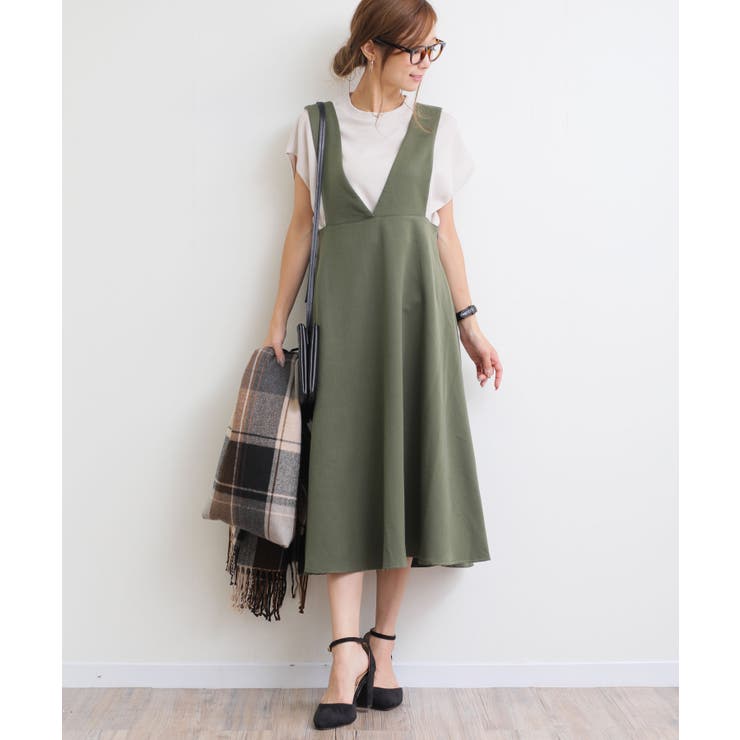 ダークカーキ | Vネック フレア ロング | andme