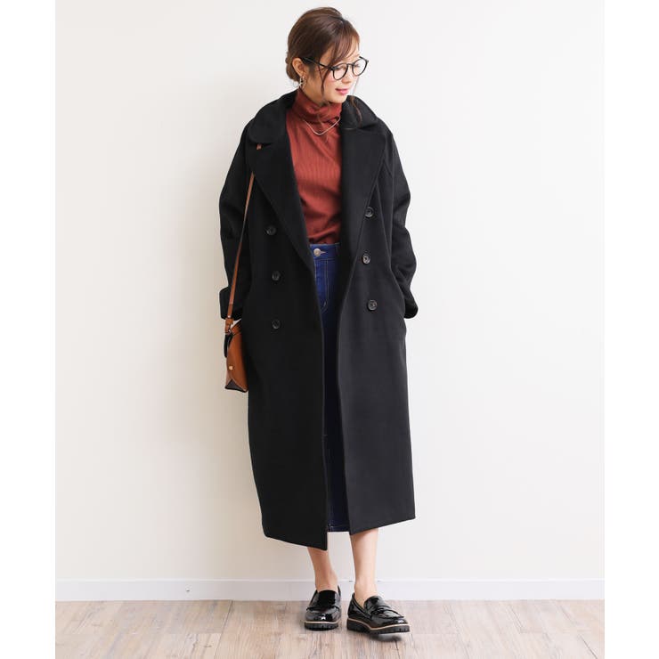 背中ベルト付き フェイク ウール テーラード ダブル ロングコート[品番