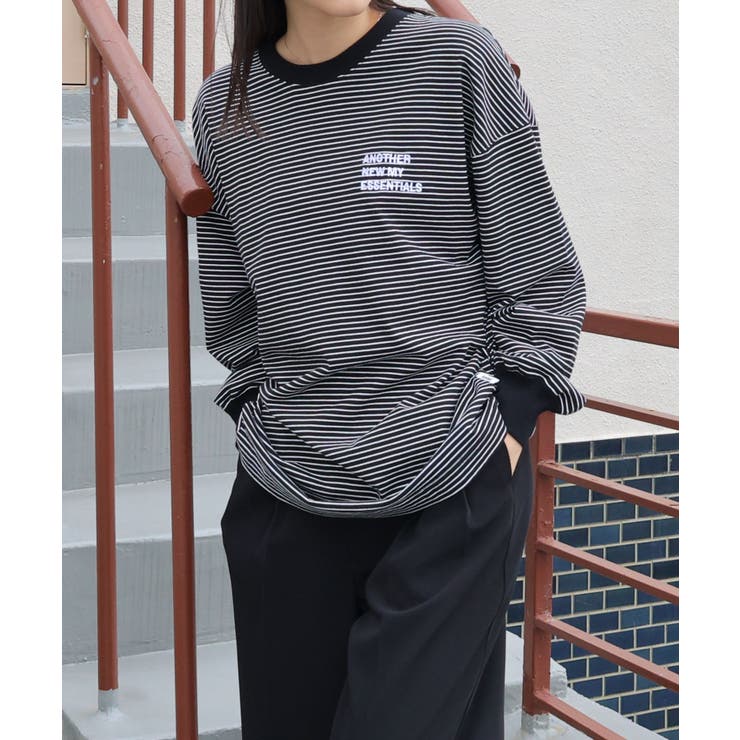 ブラック×オフホワイト | ANMEロゴ刺繍入り ボーダー 長袖 | andme