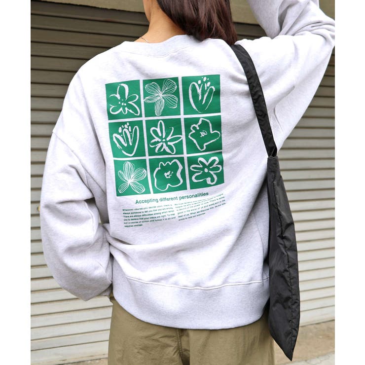 オートミール杢×グリーン | ロゴ フラワーイラスト プリント | andme