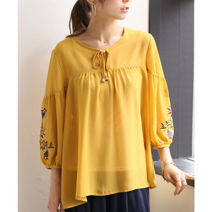 イエロー | シフォン バルーン袖 ブラウス トップス 刺繍 長袖 Vネック | andme