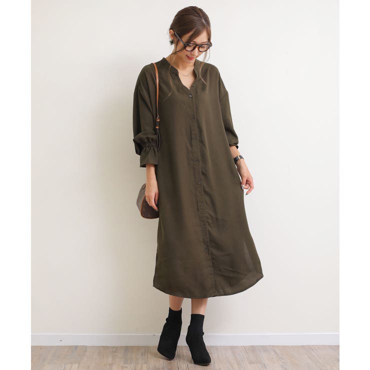 カーキ | キャンディ袖 Vネック ワンピース | andme