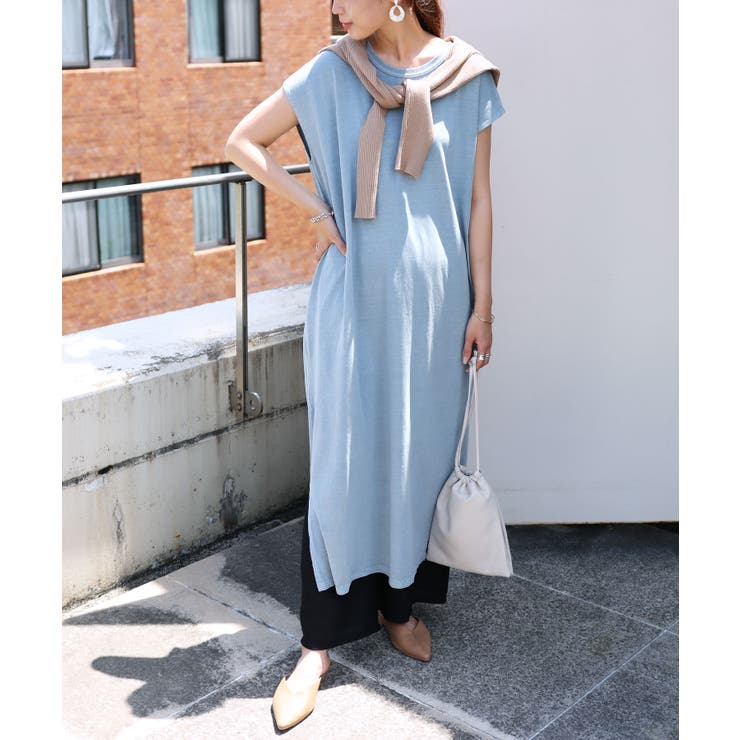 ブルー | ピグメント加工 フレンチスリーブ Tシャツワンピース | andme