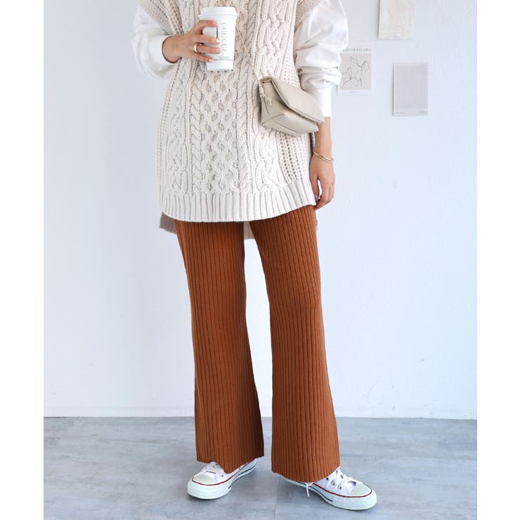 キャメル | リブニット フレア パンツ | andme