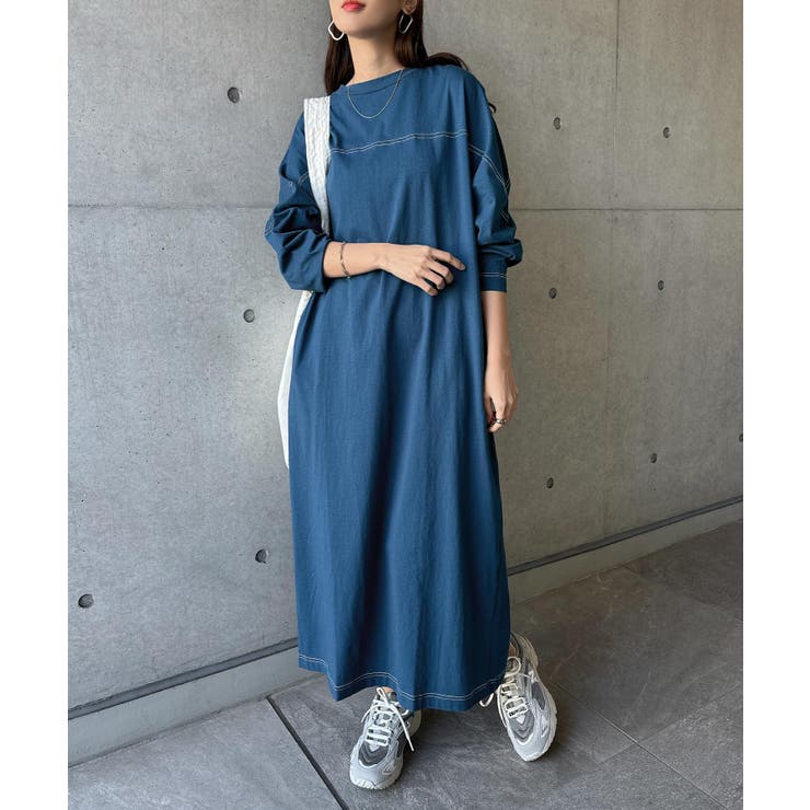 ブルー | 配色ステッチ オーバーサイズ ワンピース | andme