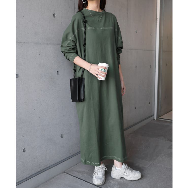 何でも揃う 配色ステッチ ワンピース[品番：AZ000003998 オーバーサイズ ワンピース