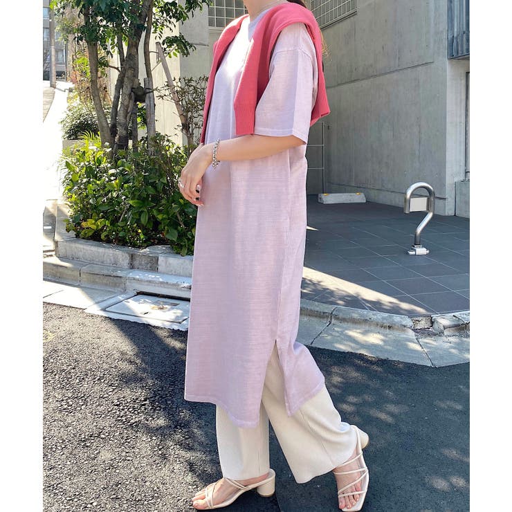ラベンダー | ピグメント加工 バックかすれロゴプリント Tシャツワンピース | andme