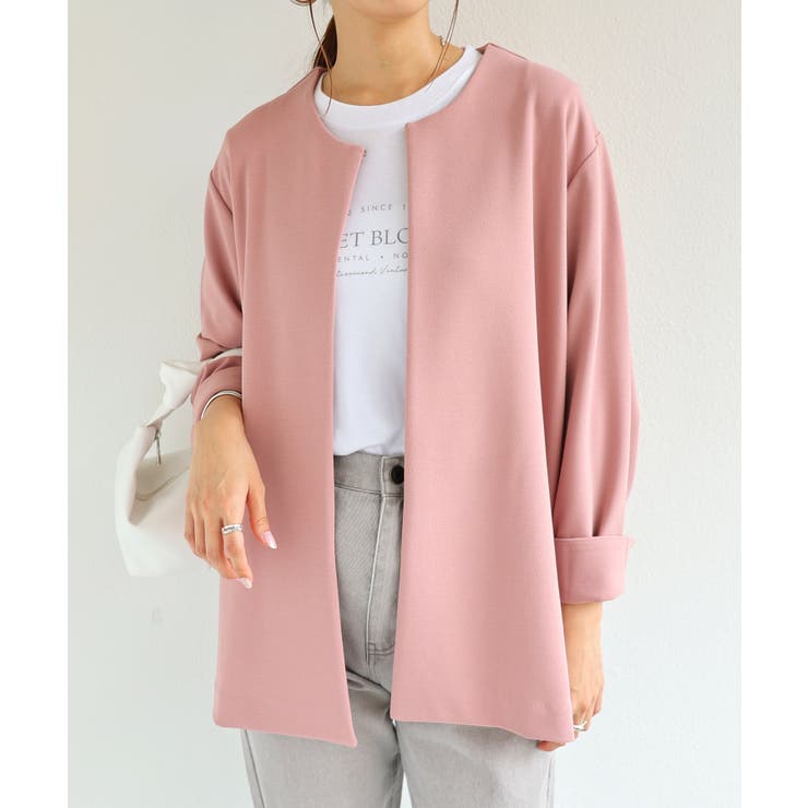 【新品タグ付き】M　ピンク　薄いピンク　ノーカラー　ツイード　ジャケット
