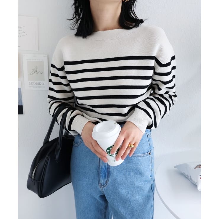 オフホワイト×ブラック | ガーター編み ボートネック 長袖 | andme