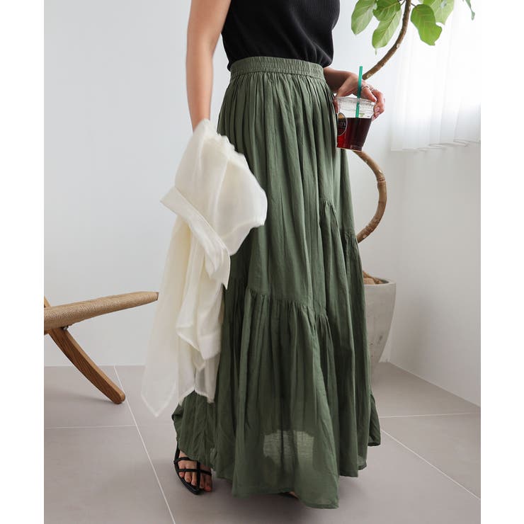 edit&co エディットアンドコーギャザーロングスカート フリル　麻　1カーキ edit&co エディットアンドコーギャザーロングスカート フリル 麻