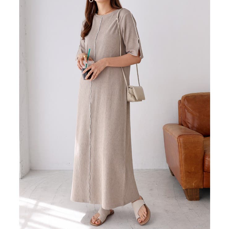 ベージュ | 楊柳 配色メロー ワンピース | andme