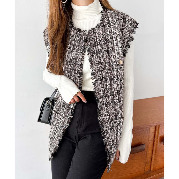 ブラウン系 | ツイード ノーカラー ベスト | andme