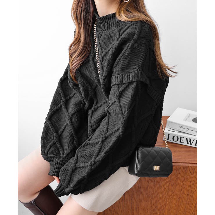 ブラック | ダイヤ柄 ボリューム袖 ニット | andme
