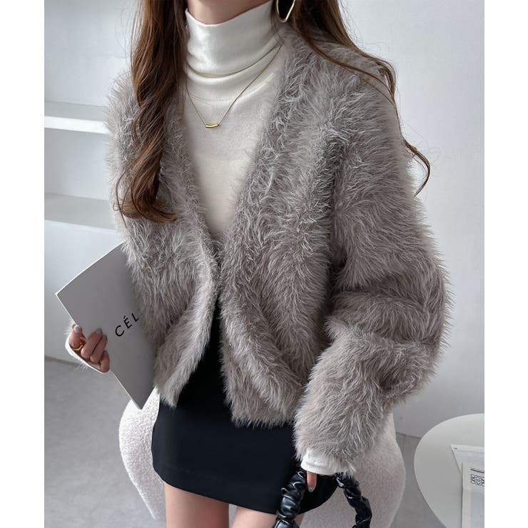 ショート丈 フェザーヤーン長袖 ニットカーディガン[品番：AZ000004527