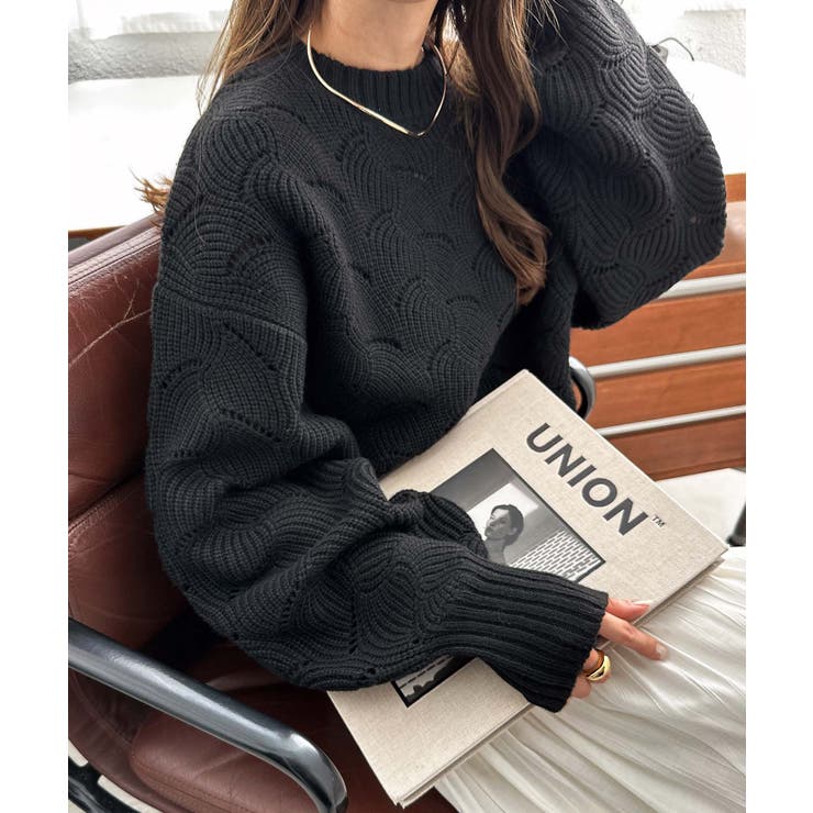 ブラック | 透かし編み 袖ボリューム 長袖 | andme