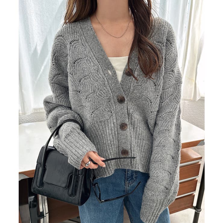 グレー | 透かし編み Vネック 長袖 | andme