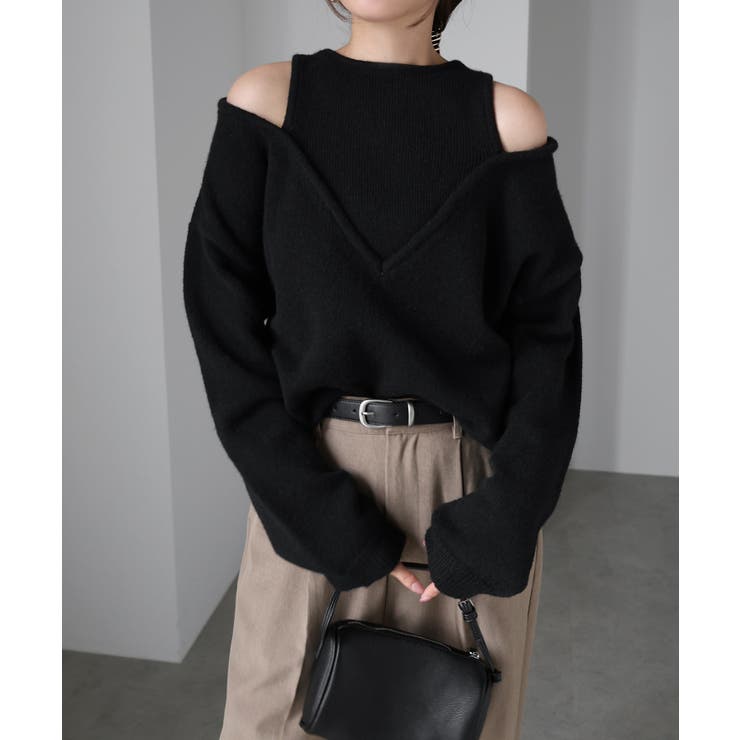 ブラック | 肩スリット レイヤード風 ニット | andme