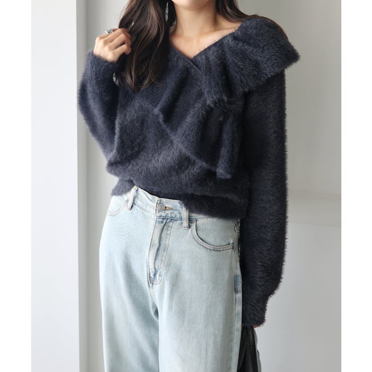 ネイビー | ニットトップス ショート丈 クロス | andme