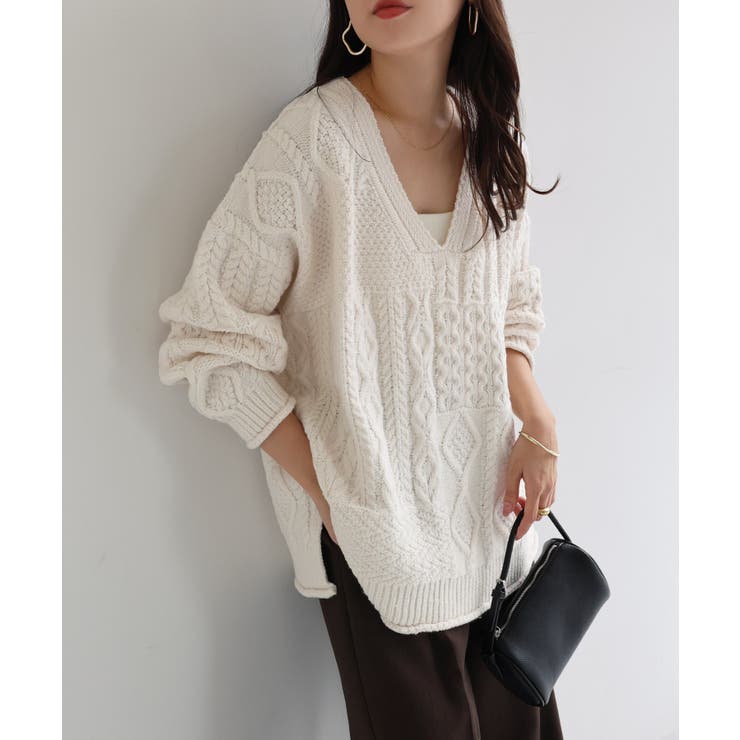 オフホワイト | ニットトップス ケーブル編み オーバーサイズ | andme