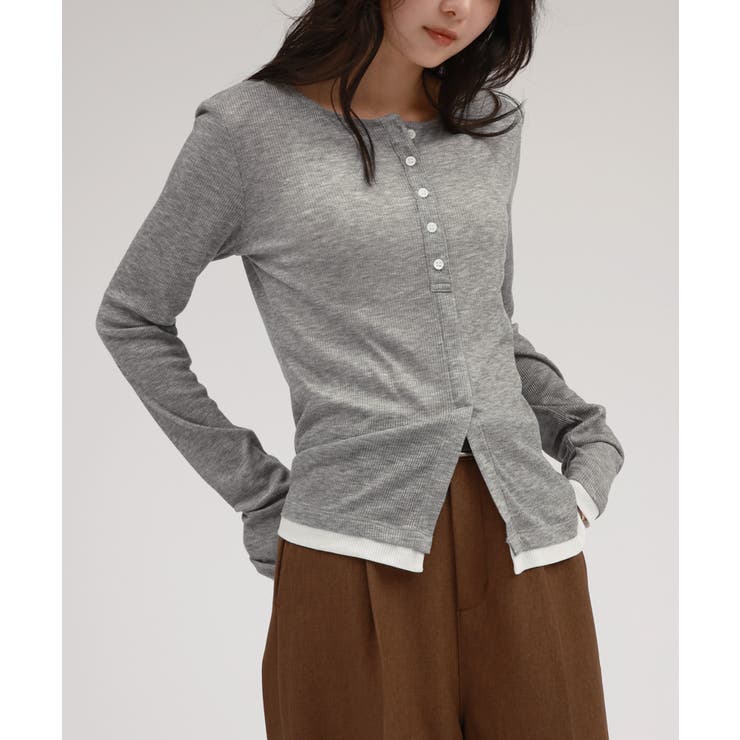 杢グレー×オフホワイト | シアー ヘンリーネック バイカラー | andme