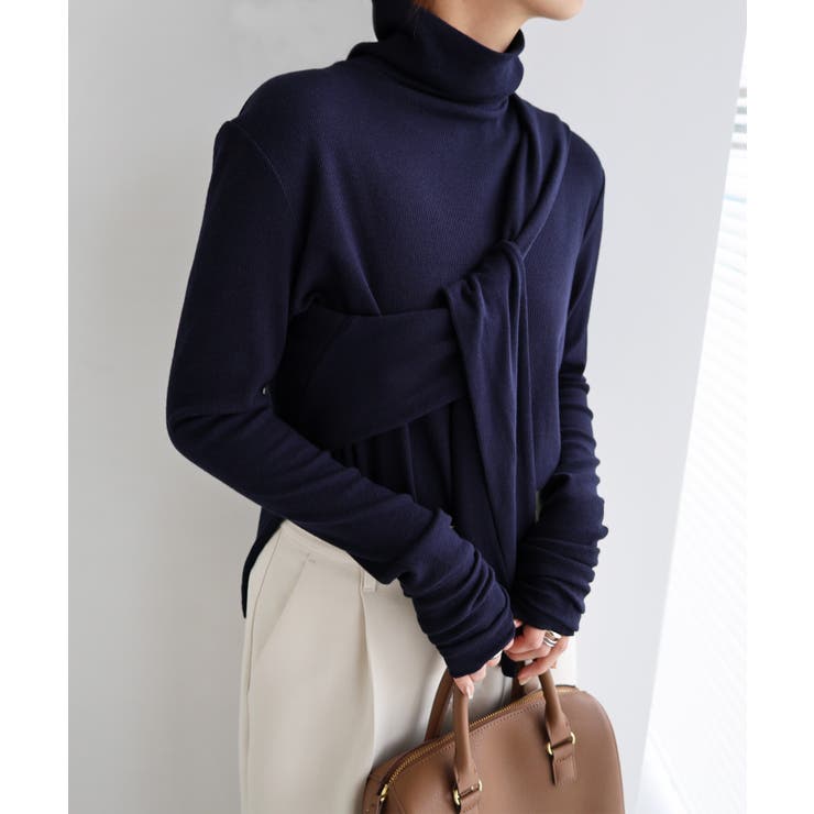 ネイビー | テレコリブ ハイネック プルオーバー | andme