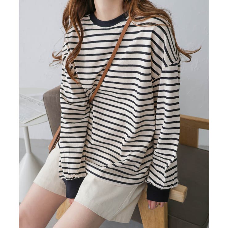 エクリュ×ブラック | コットン天竺 ボリューム 長袖 | andme