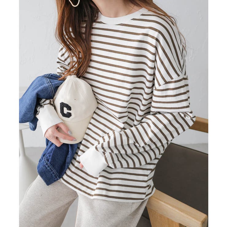 ホワイト×カーキブラウン | コットン天竺 ボリューム 長袖 | andme