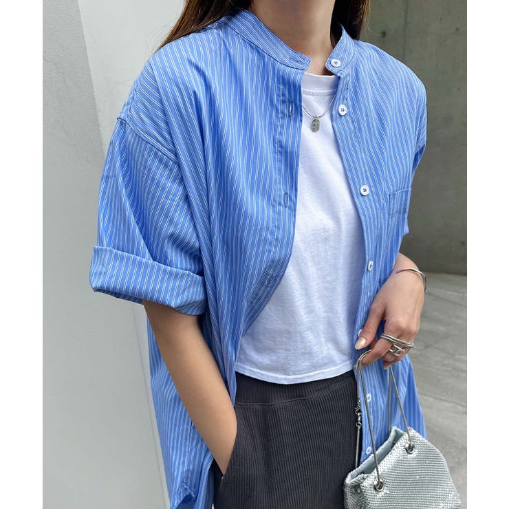 ストライプ バンドカラー 半袖[品番：AZ000004329]｜andme（アンドミー