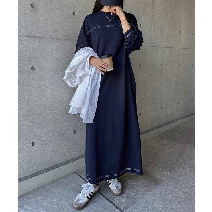 ネイビー | 配色ステッチ オーバーサイズ ワンピース | andme