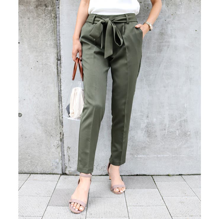 ダークカーキ | センタープレス リボン テーパードパンツ | andme