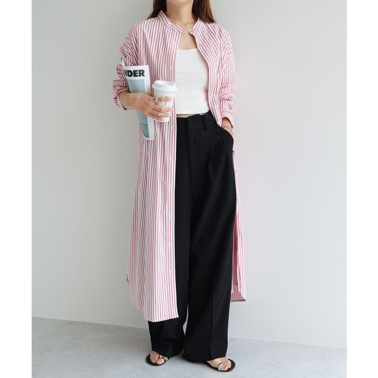 ホワイト×ピンク | カラーストライプ バンドカラー ワンピース | andme