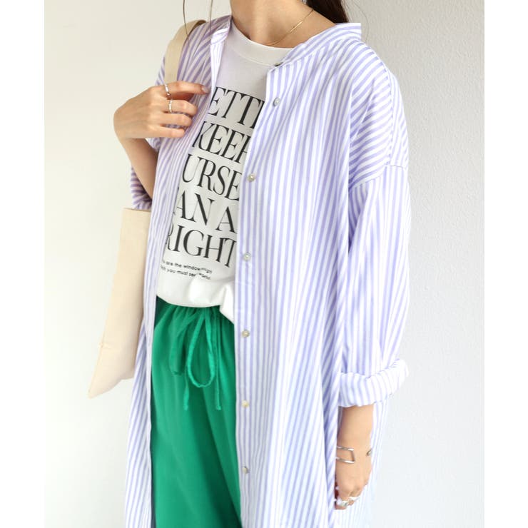 ホワイト×ラベンダー | カラーストライプ バンドカラー ワンピース | andme