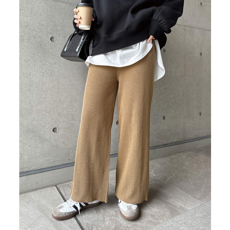 ベージュ | ニットパンツ リブ ドローストリング | andme