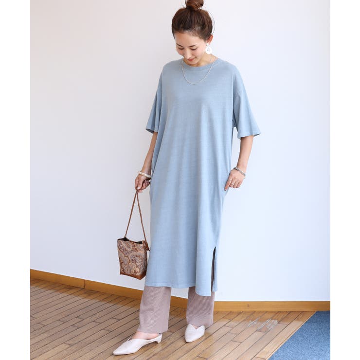 ブルー | ピグメント加工 半袖 Tシャツワンピース | andme