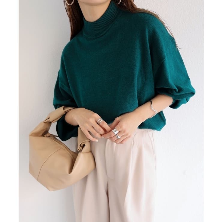 グリーン | ハイネック ボリューム袖 ニット | andme