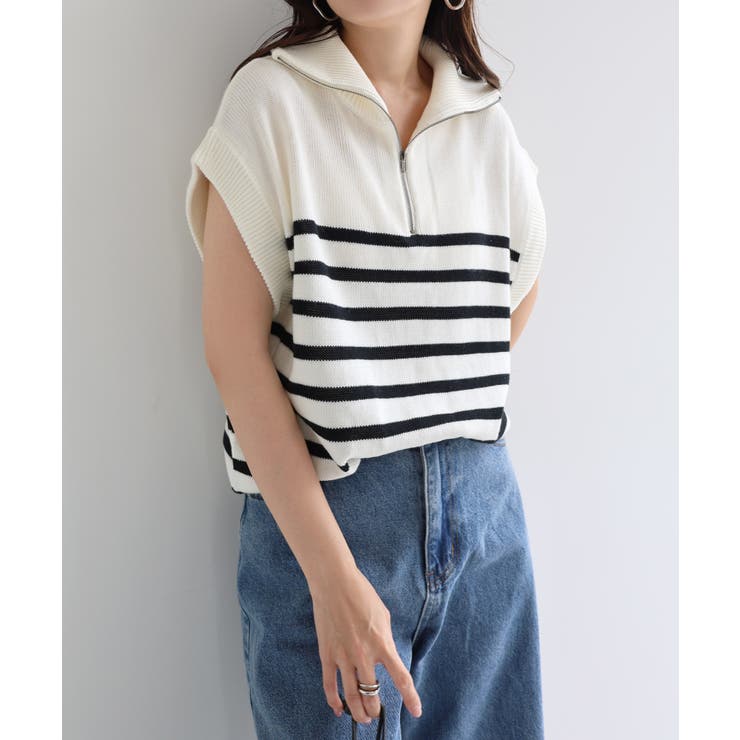 オフホワイト×ブラック | 天竺編み アクリルコットン ハーフジップ | andme