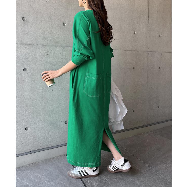 グリーン | 配色ステッチ オーバーサイズ ワンピース | andme