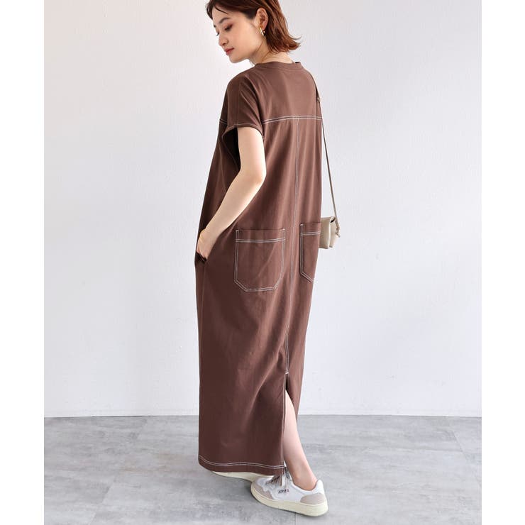 ブラウン | 配色ステッチ オーバーサイズ ワンピース | andme