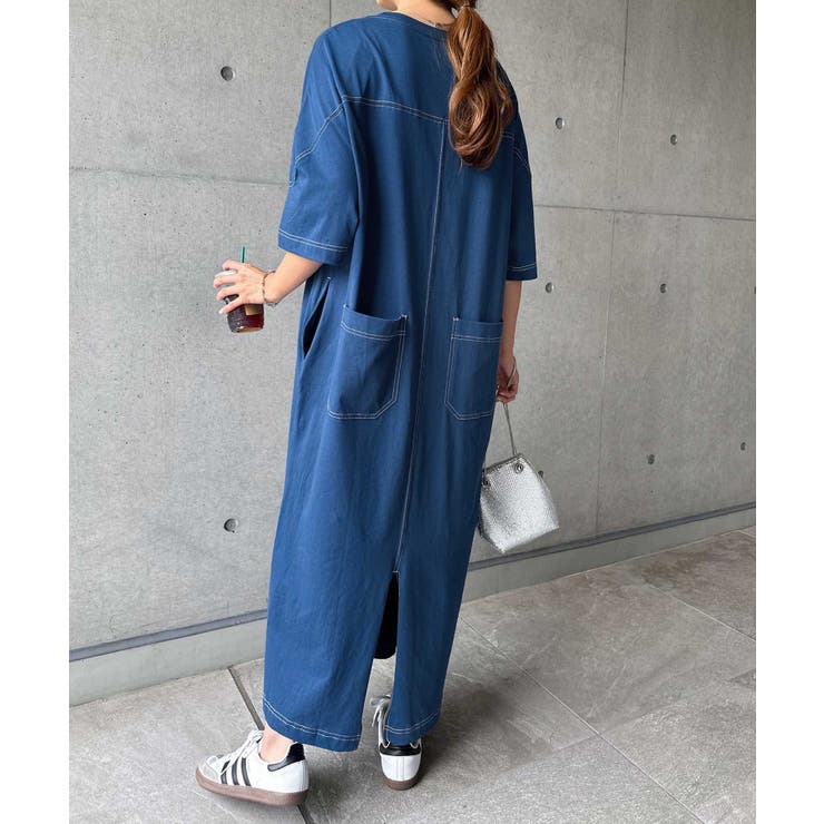 ブルー | 配色ステッチ Tシャツ ワンピース | andme