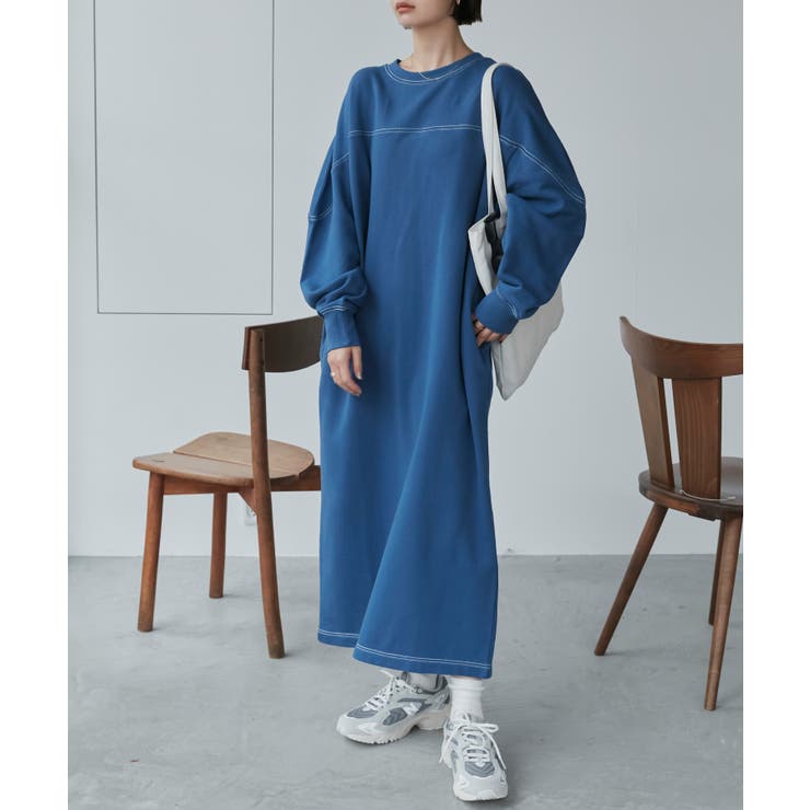 ブルー | 裏毛 配色ステッチ 長袖 | andme