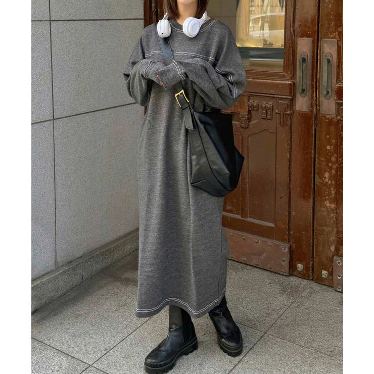 チャコールグレー(杢) | 裏毛 配色ステッチ 長袖 | andme