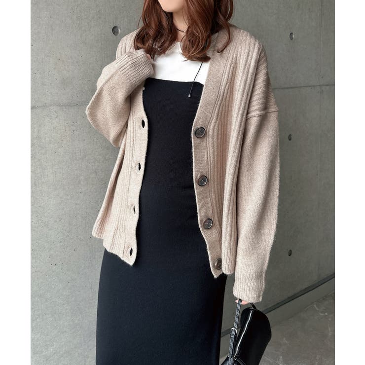 リブ編み ボックスシルエット ニットカーディガン[品番：AZ000004445