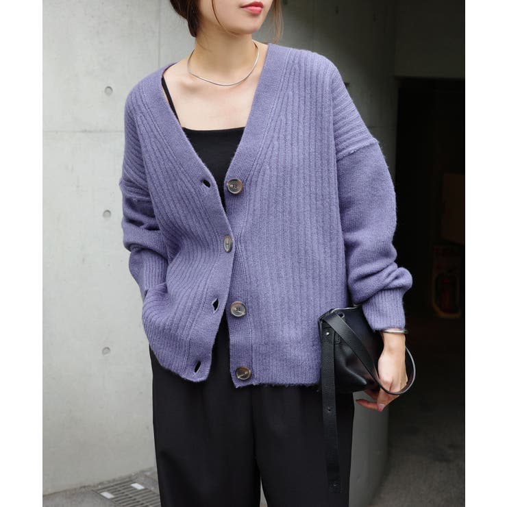 リブ編み ボックスシルエット ニットカーディガン[品番：AZ000004445