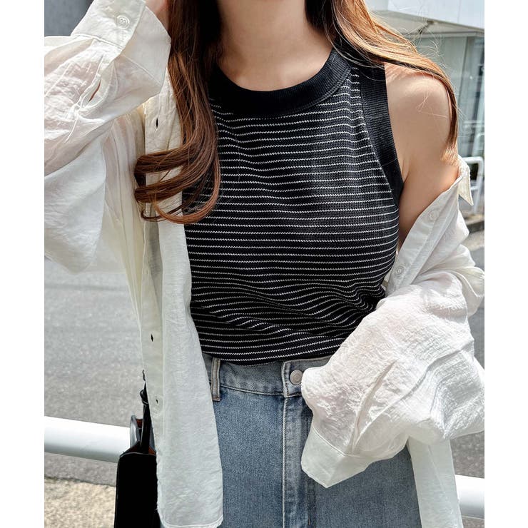 ANDMARY クロスストラップ タンクトップ ホワイト クロス ストラップ フロント ボタン リブ トップス[品番
