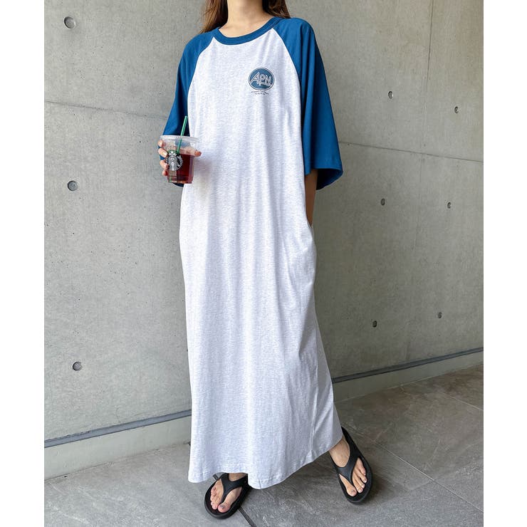 オートミール×ブルー | 配色ラグラン Tシャツ ワンピース | andme