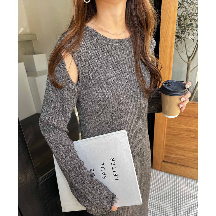 ブラック | 肩あき メランジ ニットワンピース | andme