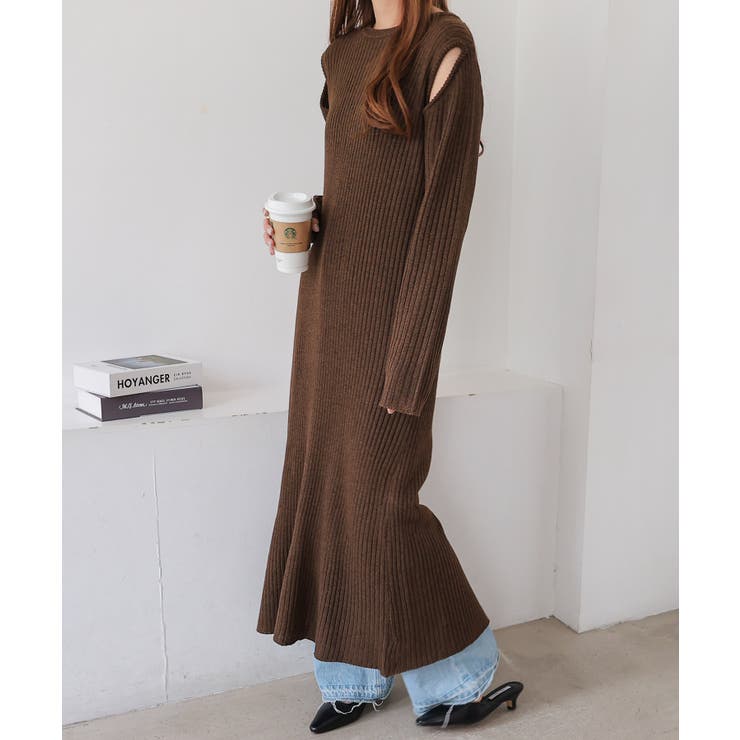 ブラウン | 肩あき メランジ ニットワンピース | andme