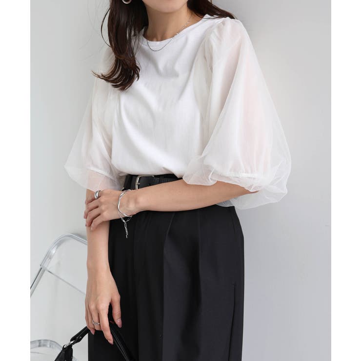 オフホワイト | チュールドッキング ボリューム袖 トップス | andme