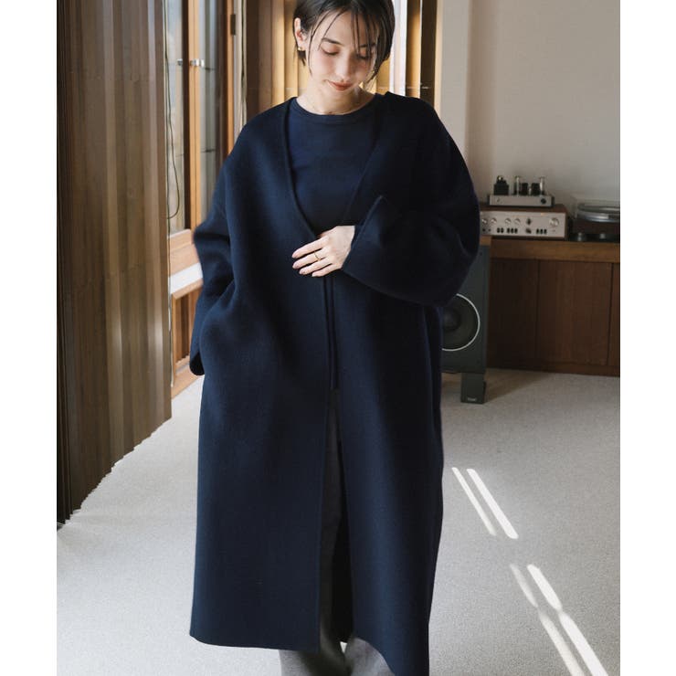 【美品】andme エンドミー エバーネイビー ウール100% コート M evernavy エバーネイビー ノーカラー[品番：AZ000005025]｜andme